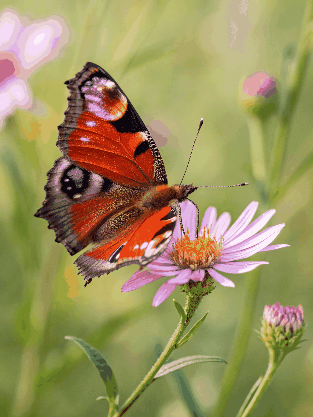 Close up of a beautiful butterfly resting on a vibrant wildflower