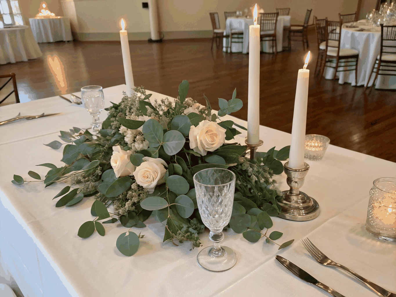 Floral centerpiece on a banquet table