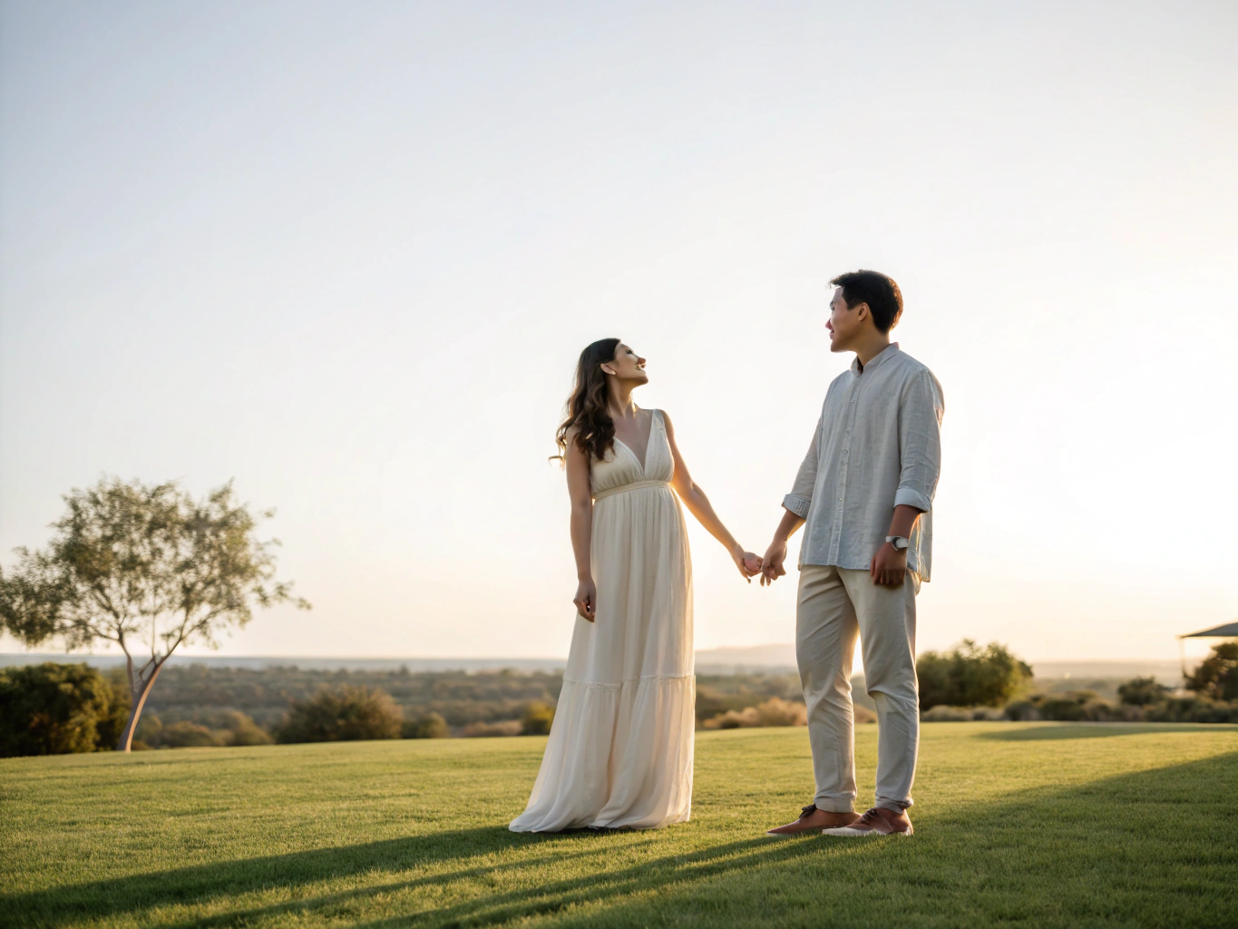 Couple embracing in the tall grass with the lake in the background