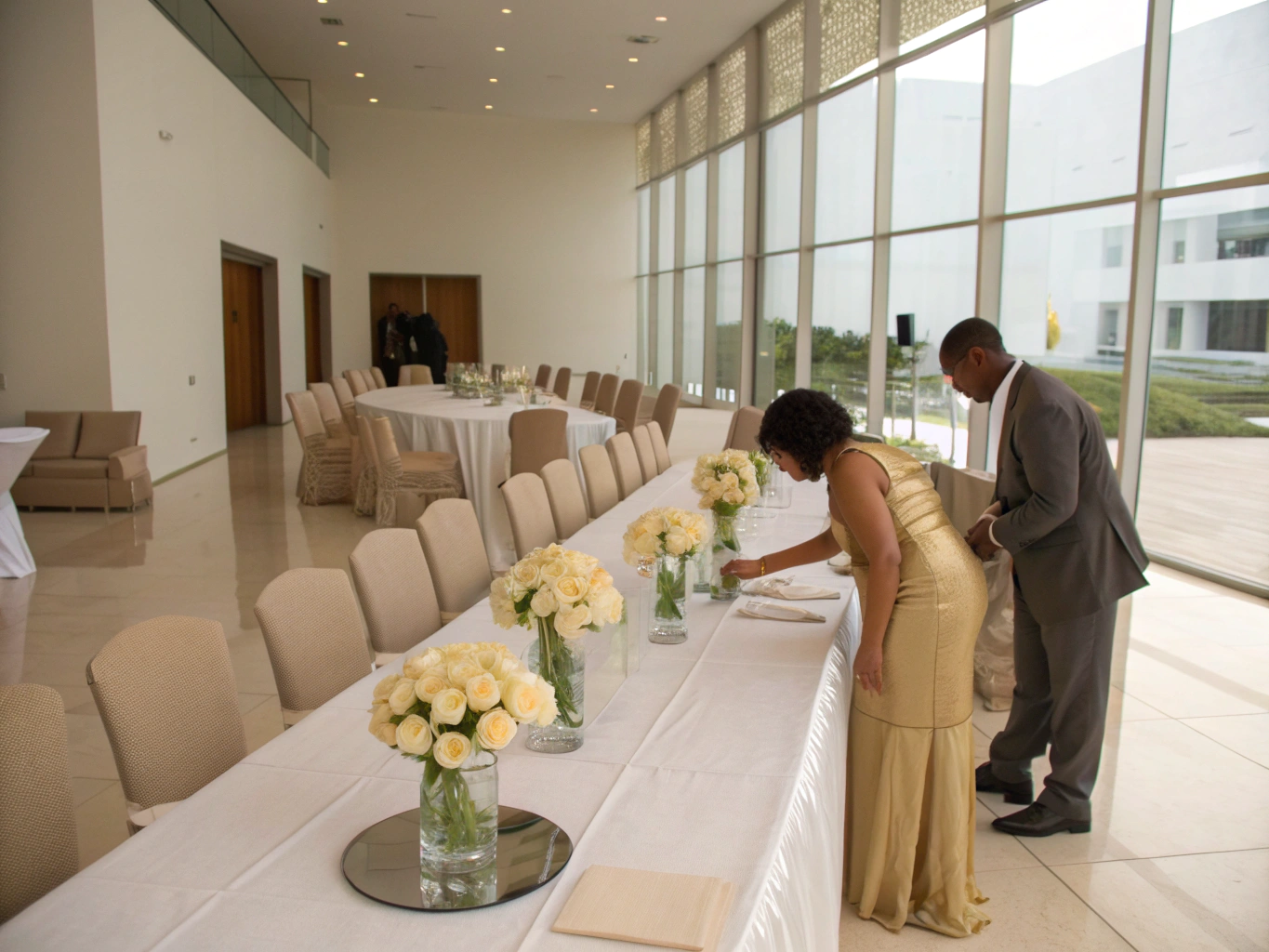 Large event hall set up with round tables and chairs