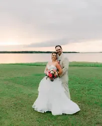 Wedding couple portrait by the lake