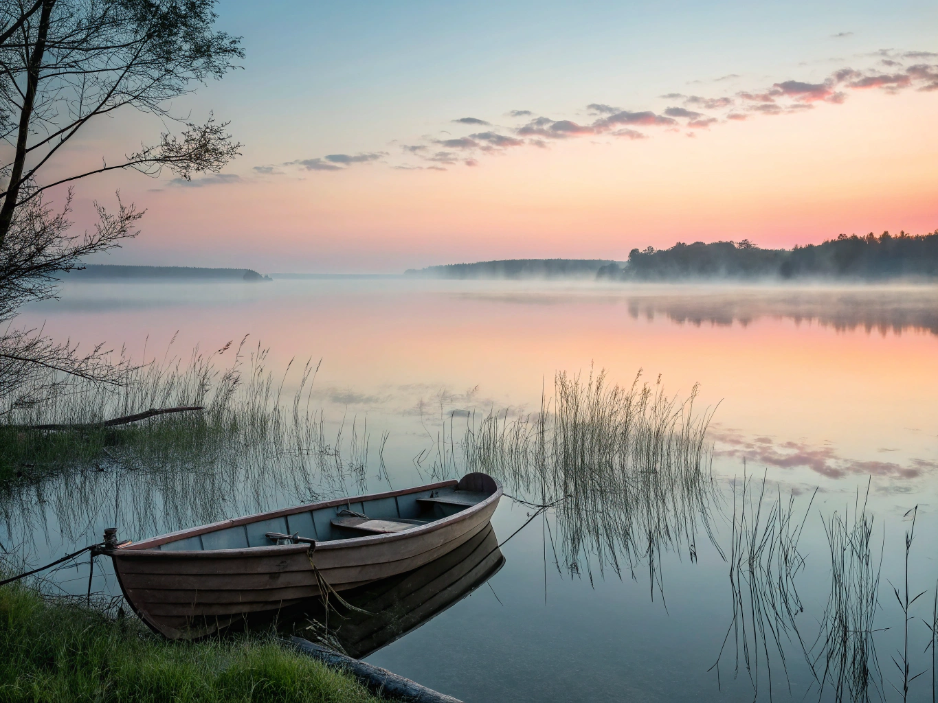 Serene lake perfectly reflecting the soft colors of dusk