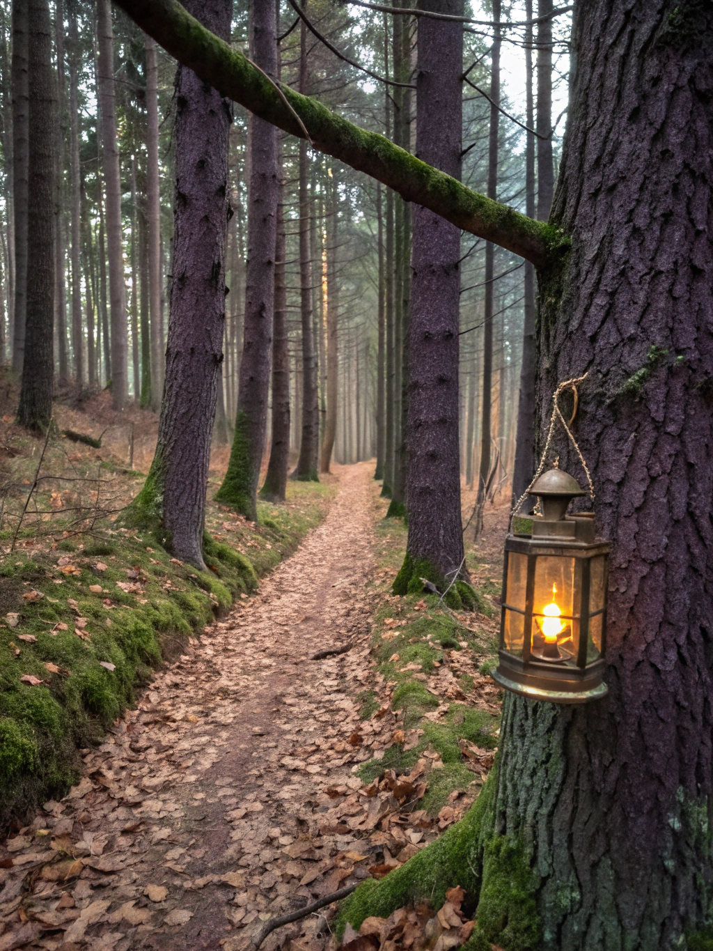 Forest trees decorated with enchanting fairy lights at dusk