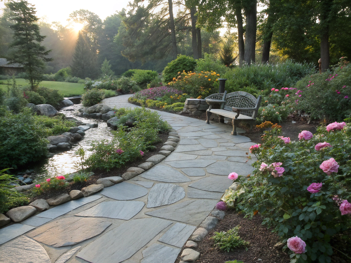 Beautiful white and blue floral bouquets lined up on a stone pathway