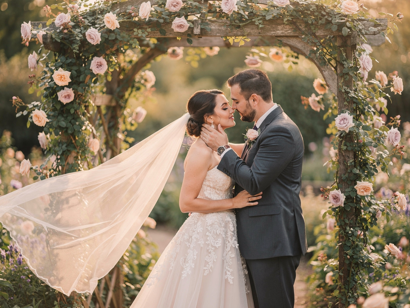 Couple standing in a white stone gazebo for their wedding ceremony
