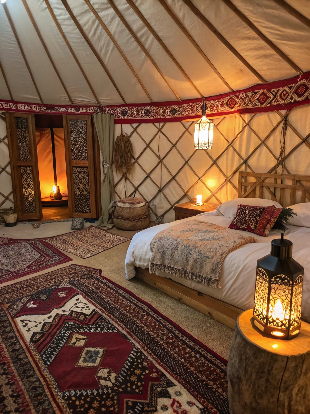 Cozy bedroom setup inside the yurt with a large bed