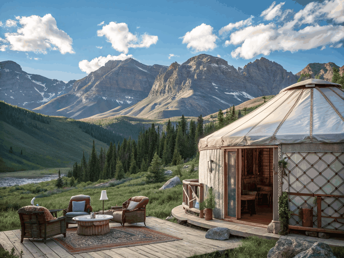 Wide landscape view showing the yurt nestled in its natural setting