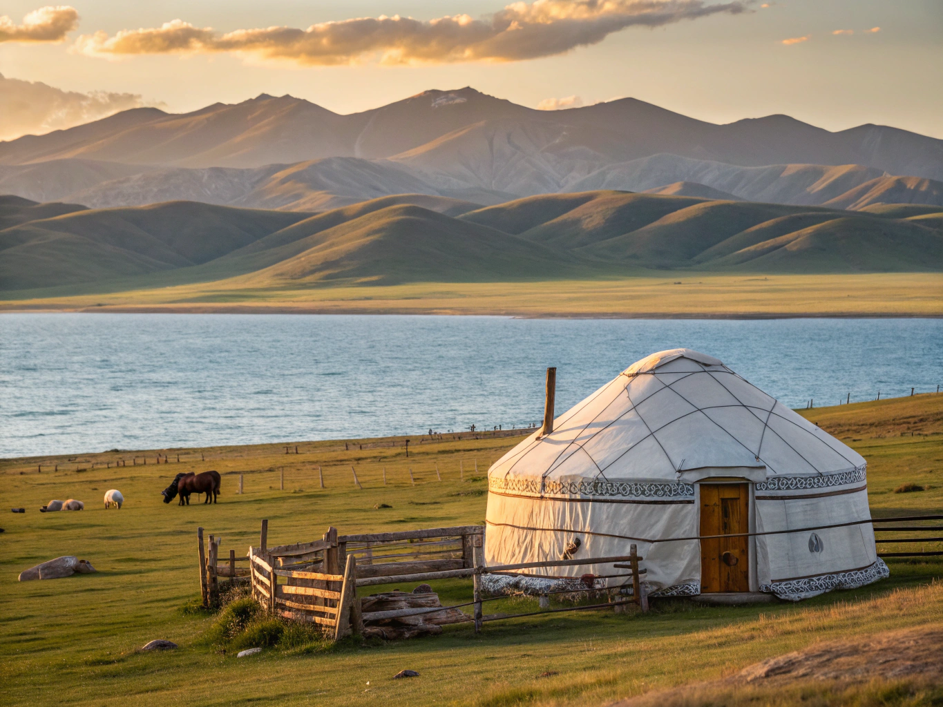 Yurt exterior warmly illuminated against the night sky