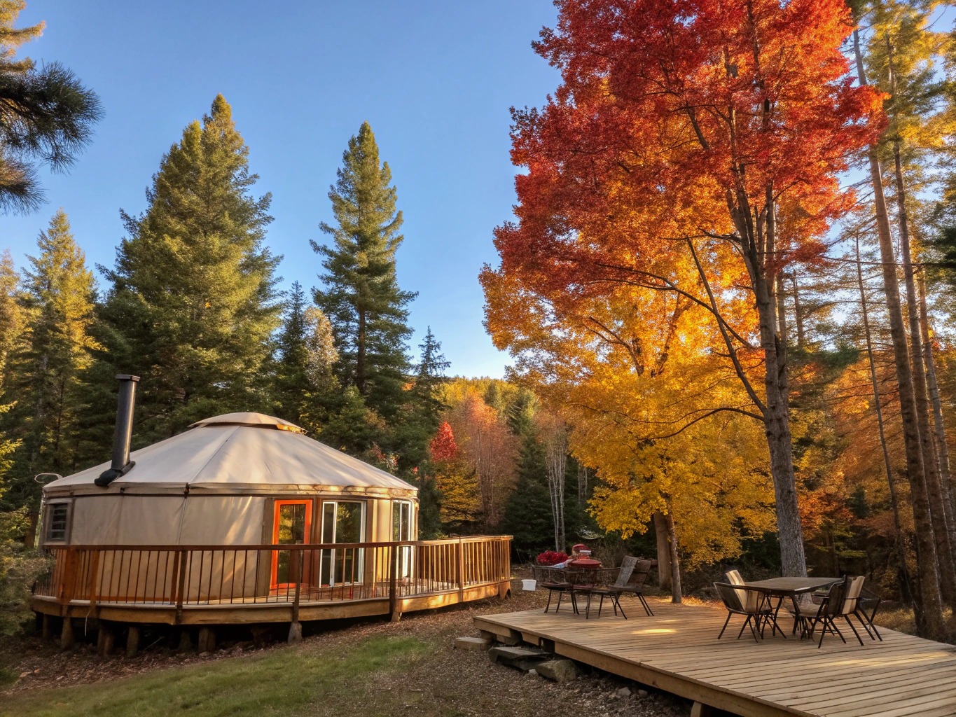 Yurt exterior featuring a stone firepit ready for evening gatherings