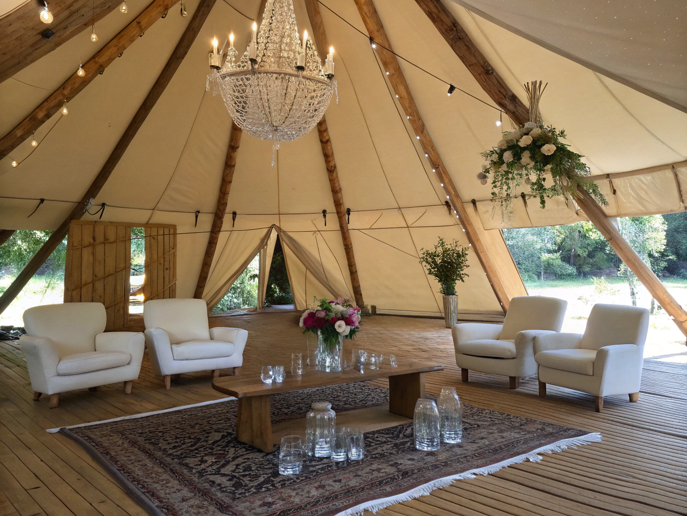 Spacious yurt interior with comfortable seating and rustic decor