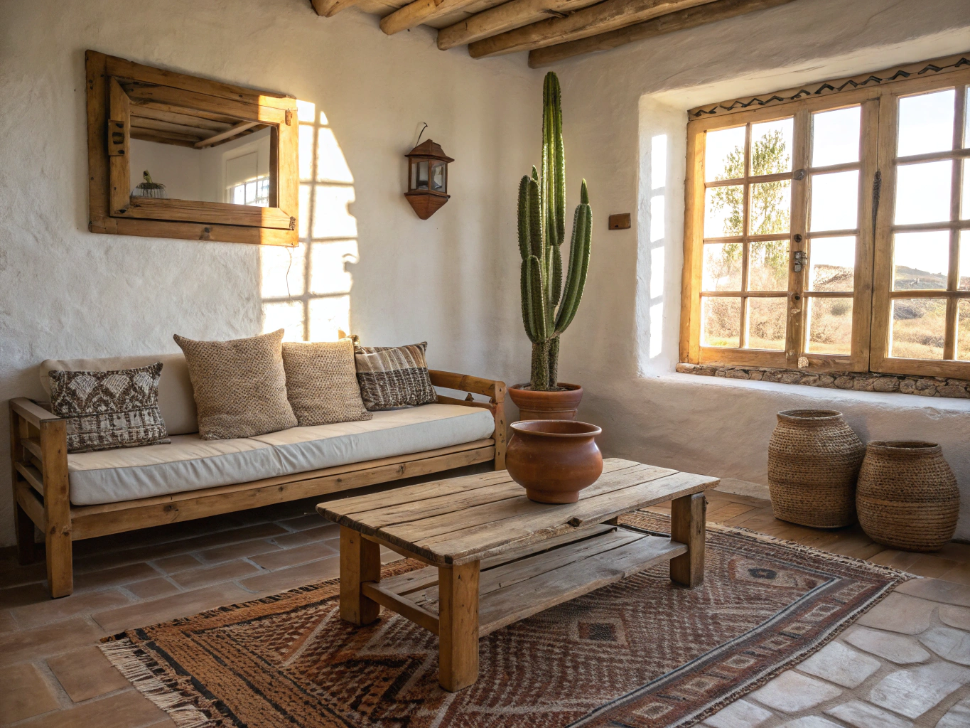 Comfortable living area inside the yurt with a leather sofa